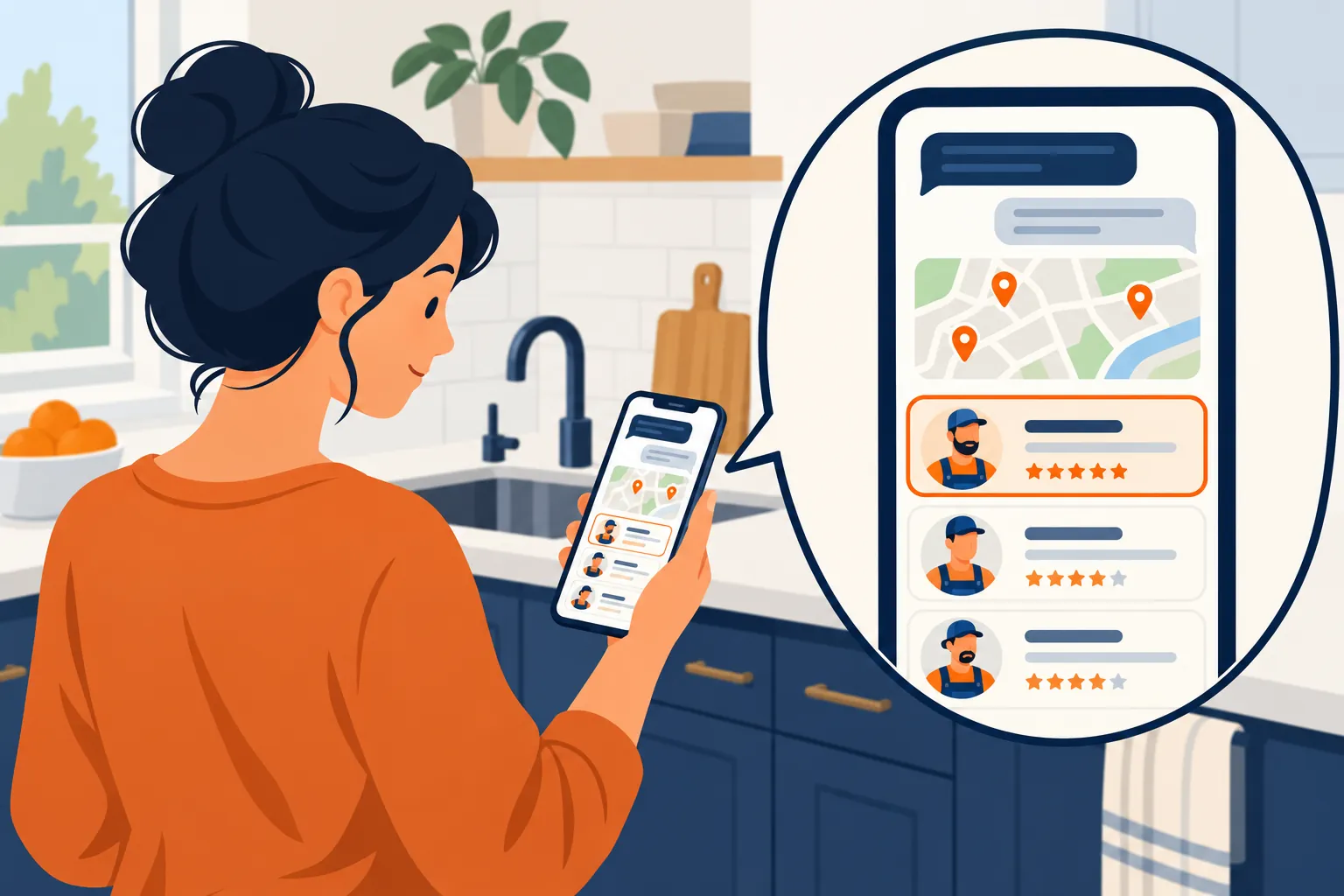 Homeowner in a kitchen checking a phone that shows a chat answer with a map and three local plumber listings, the top one highlighted