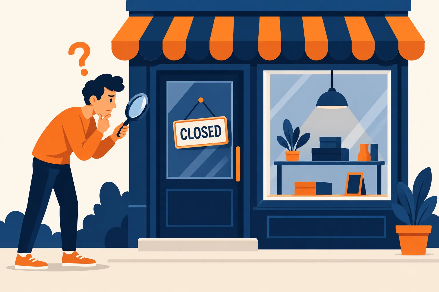 A person with a magnifying glass looking at a shop door that has a closed sign.