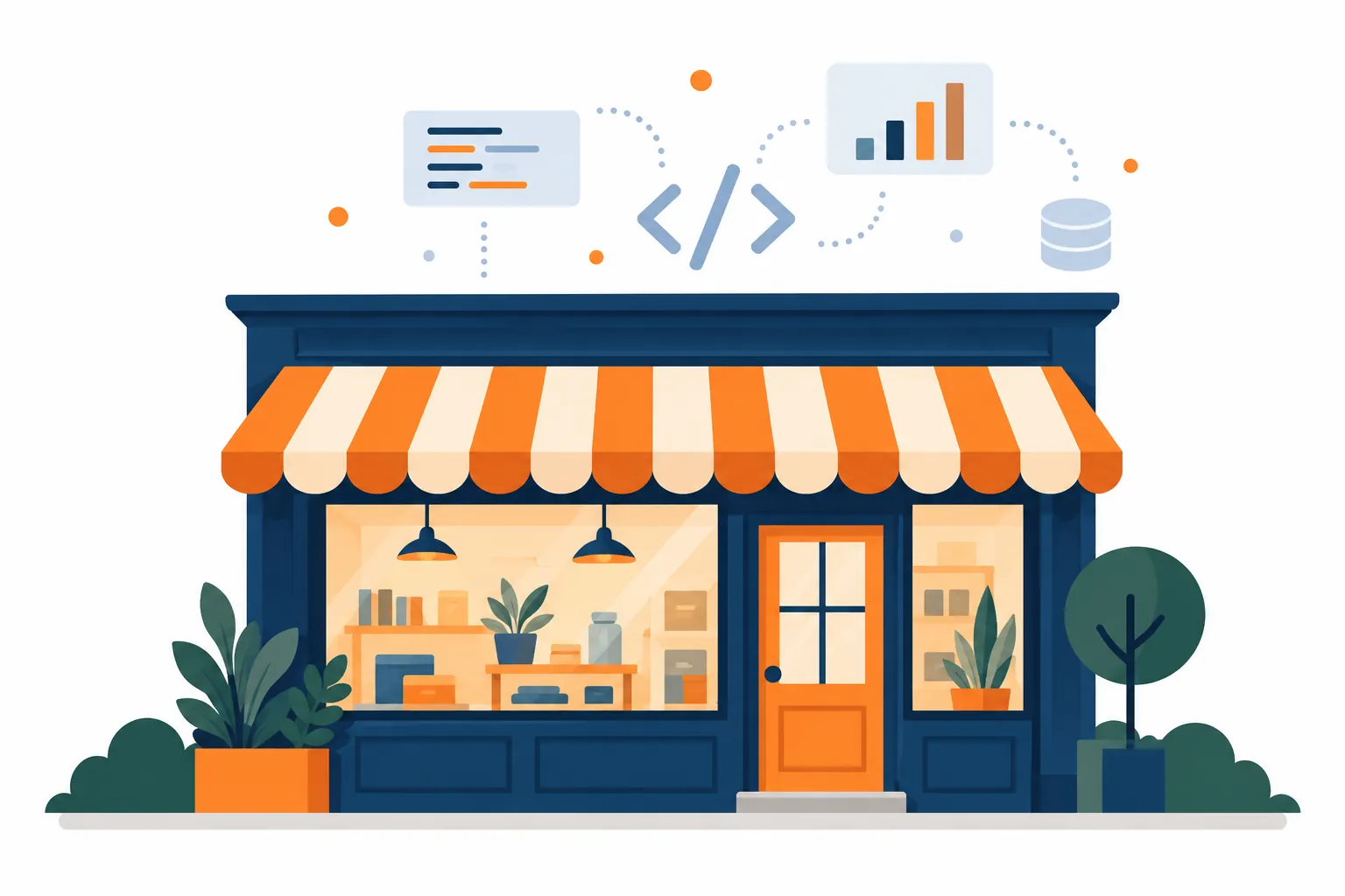 A storefront with code brackets and tags for LocalBusiness, name, address, and telephone above the roof.