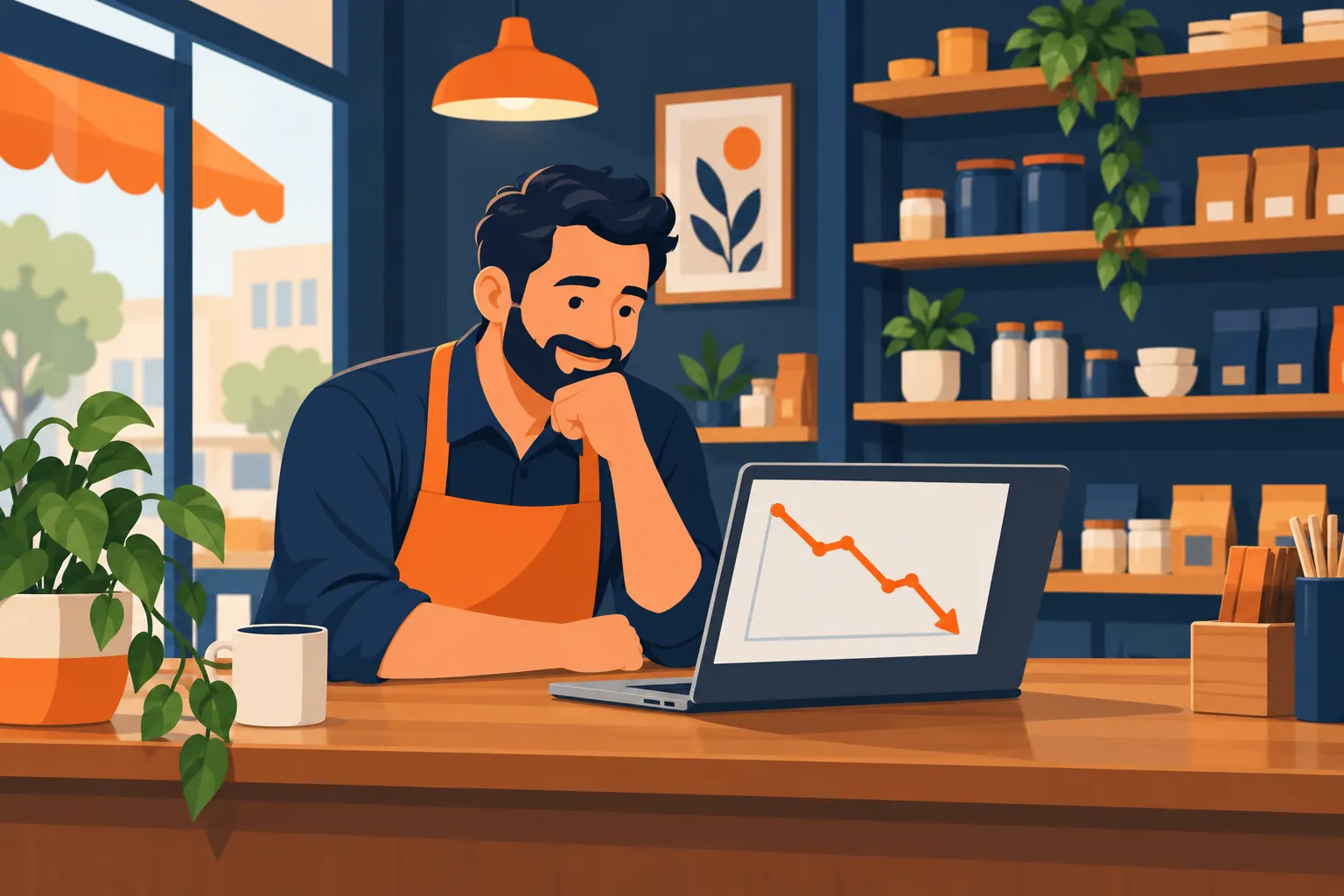 A person at a laptop looking at a line chart that rises and then drops.