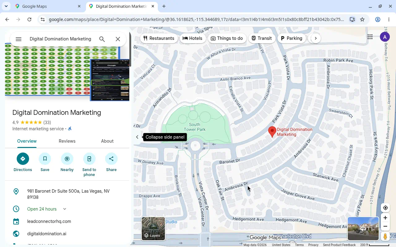 Google Business Profile panel showing name, rating and reviews
