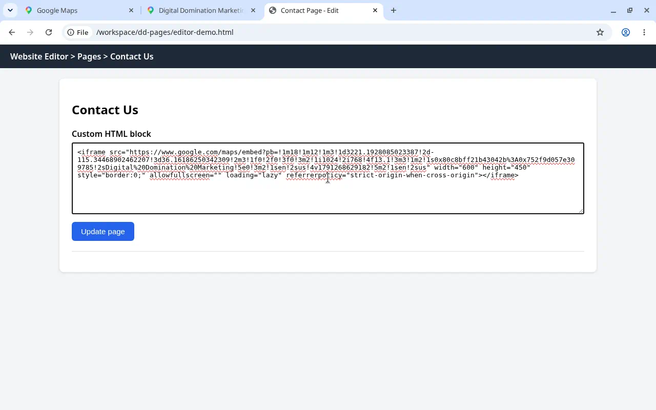 Pasting the map embed code into a Custom HTML block