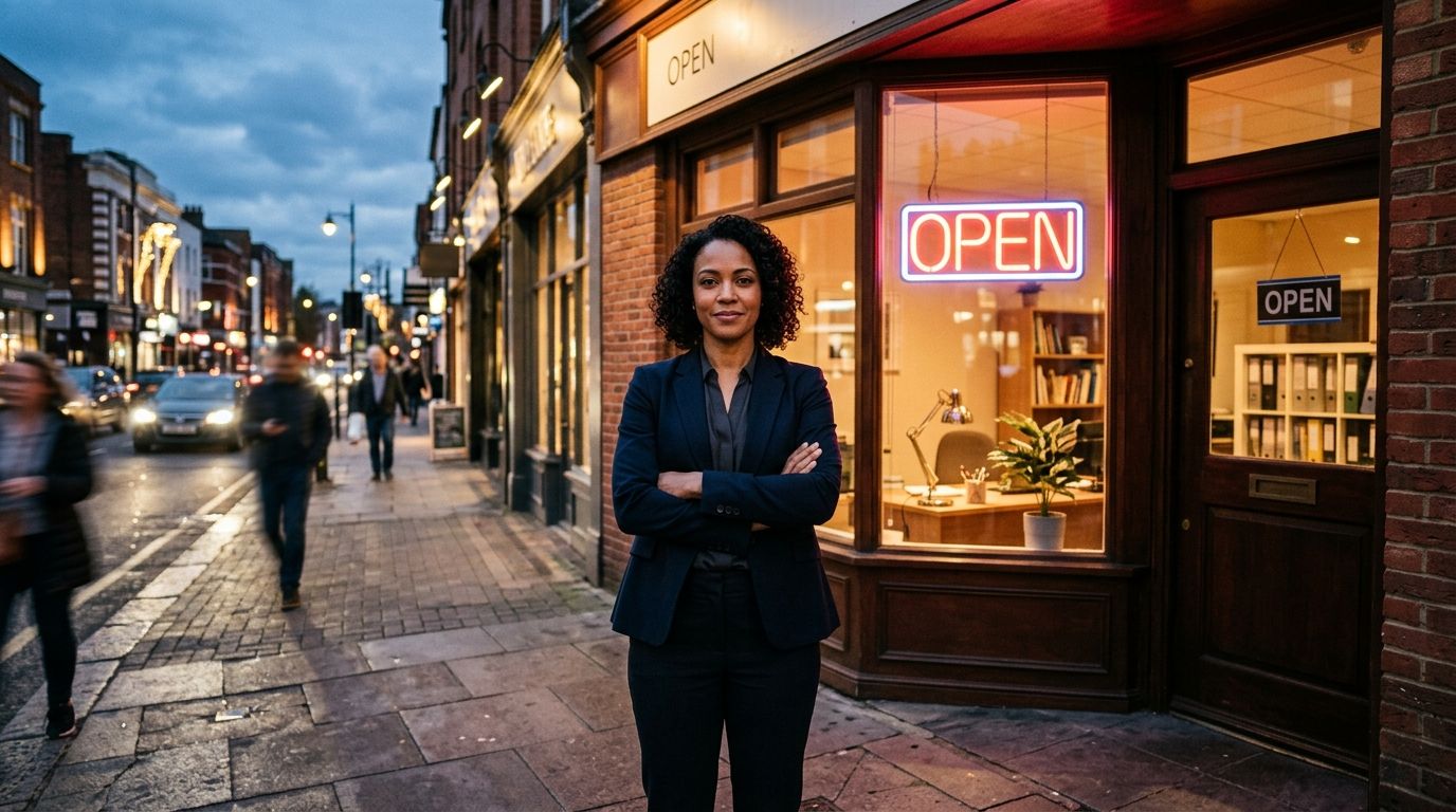 Business owner standing proudly in front of her office at dusk