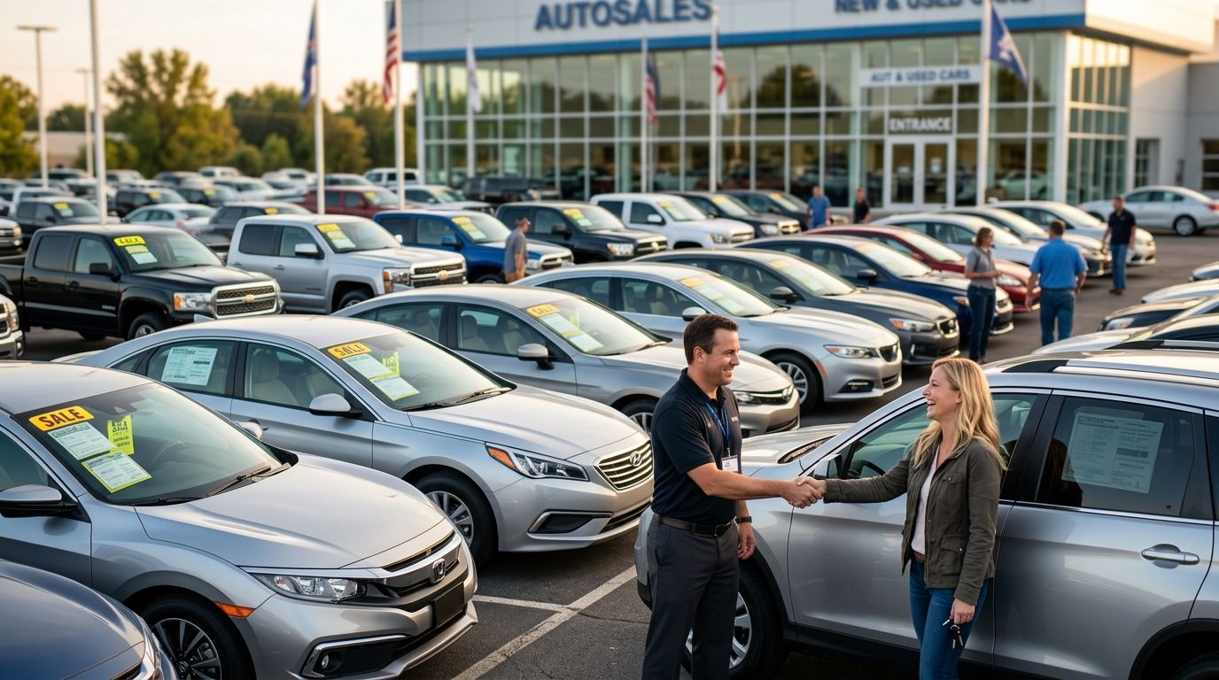 Car dealership lot with a salesperson closing a deal