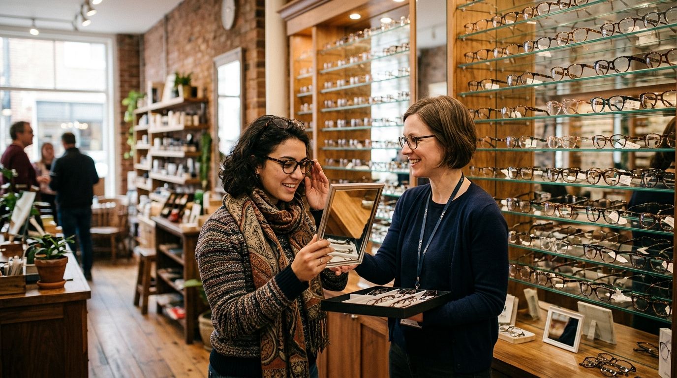 Optician helping a customer try on frames