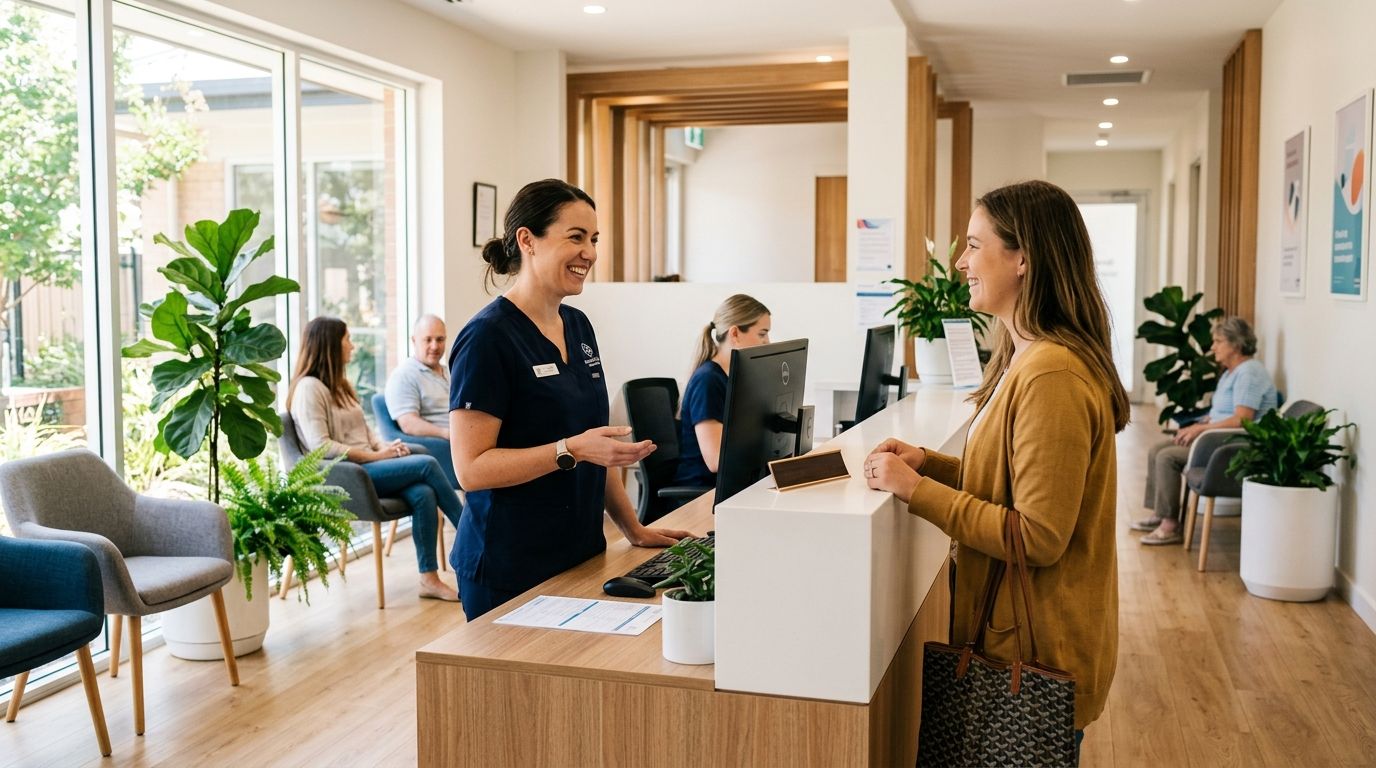 Modern medical clinic reception greeting a patient