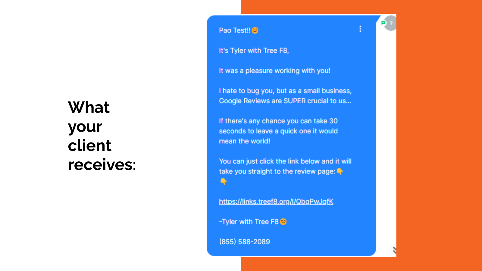 Screenshot of what the business owner receives inside the system after a review request is sent to a customer.