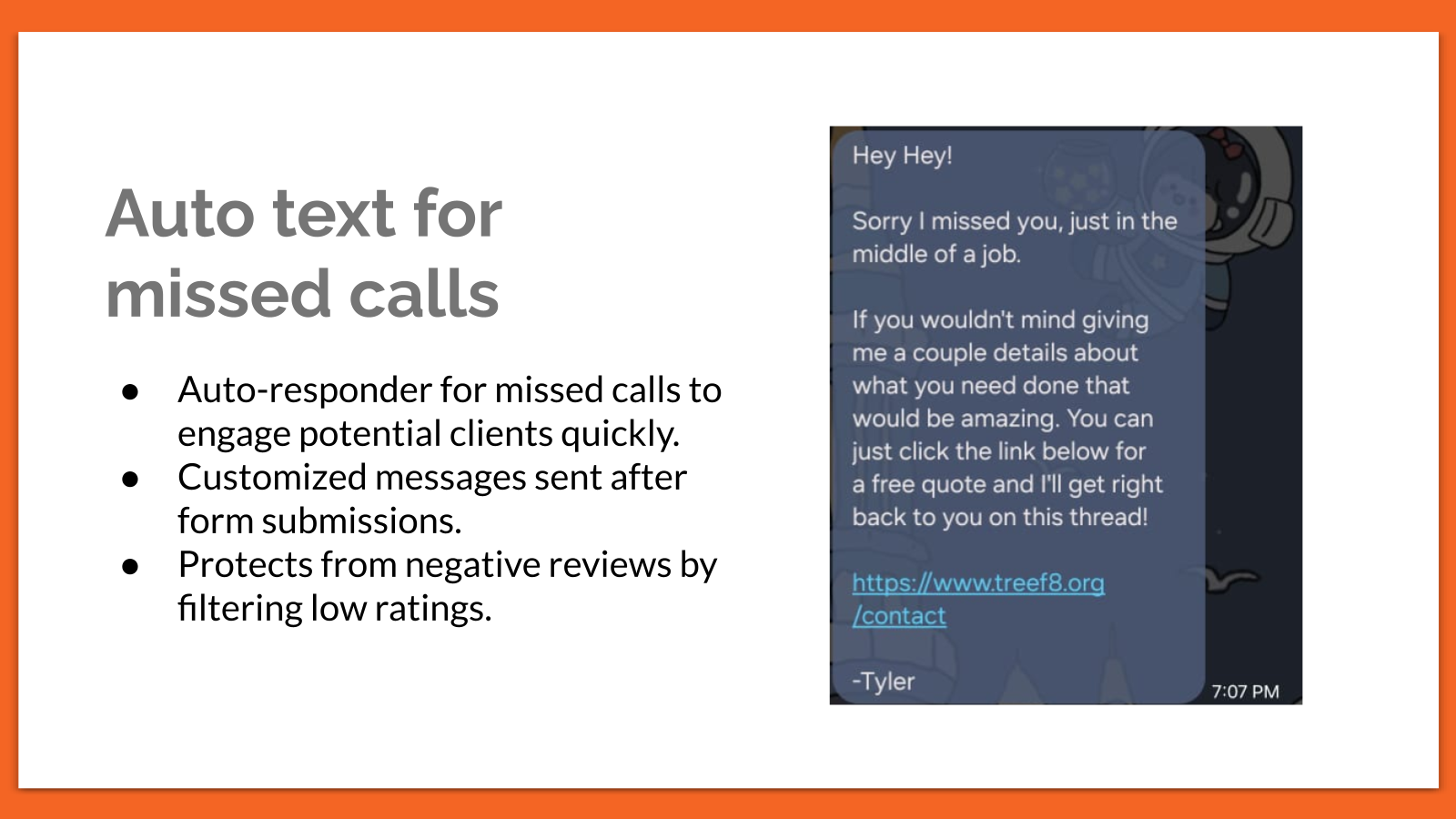 Screenshot of missed-call text back: an unanswered call automatically triggers a text message back to the caller.
