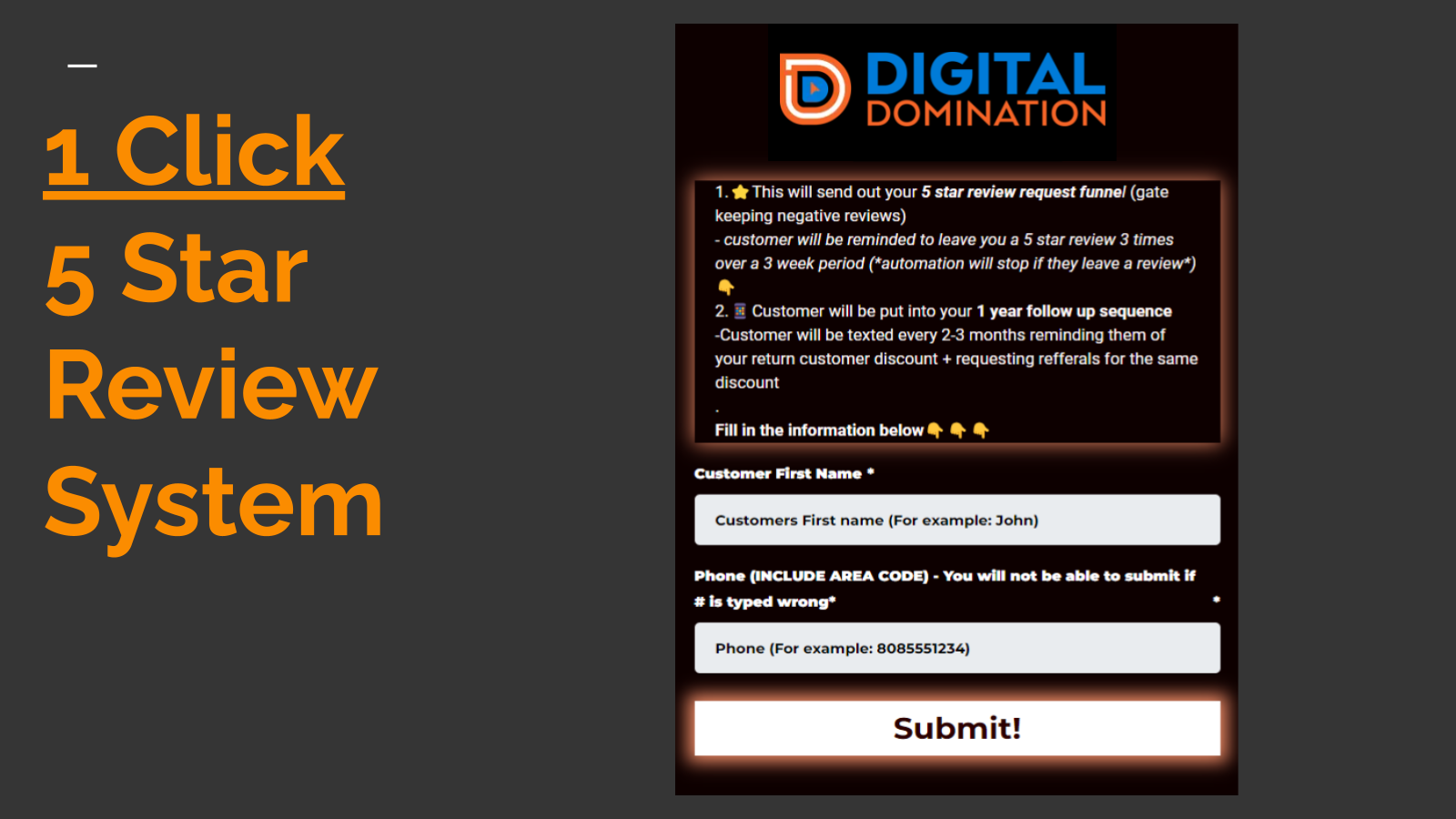 Screenshot of the one-click 5-star review system: a short form asking only for the customer first name and phone number before sending the review request.