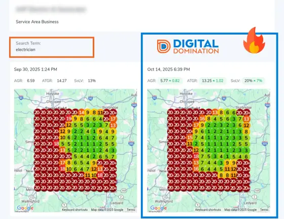 Case study screenshot 1 of 9: GeoGrid scan, revenue numbers or Map Pack win