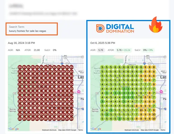 Case study screenshot 2 of 9: GeoGrid scan, revenue numbers or Map Pack win