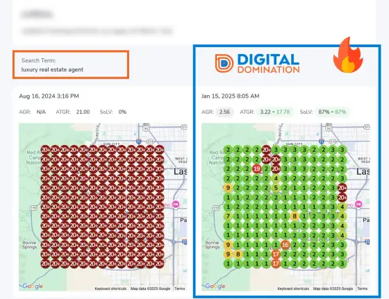 Case study screenshot 3 of 9: GeoGrid scan, revenue numbers or Map Pack win