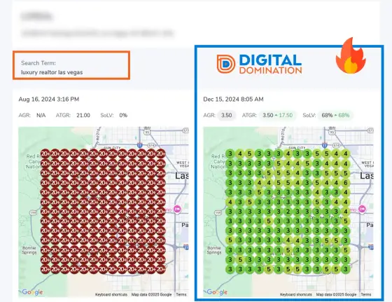 Case study screenshot 5 of 9: GeoGrid scan, revenue numbers or Map Pack win