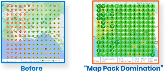 GeoGrid scan: Before → After: Map Pack Takeover. Red-to-green GeoGrid shift after the 12-week protocol.