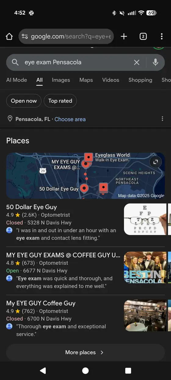GeoGrid scan: 100% Map Pack Domination. Eye care client owning all 3 spots for "eye exam near me".