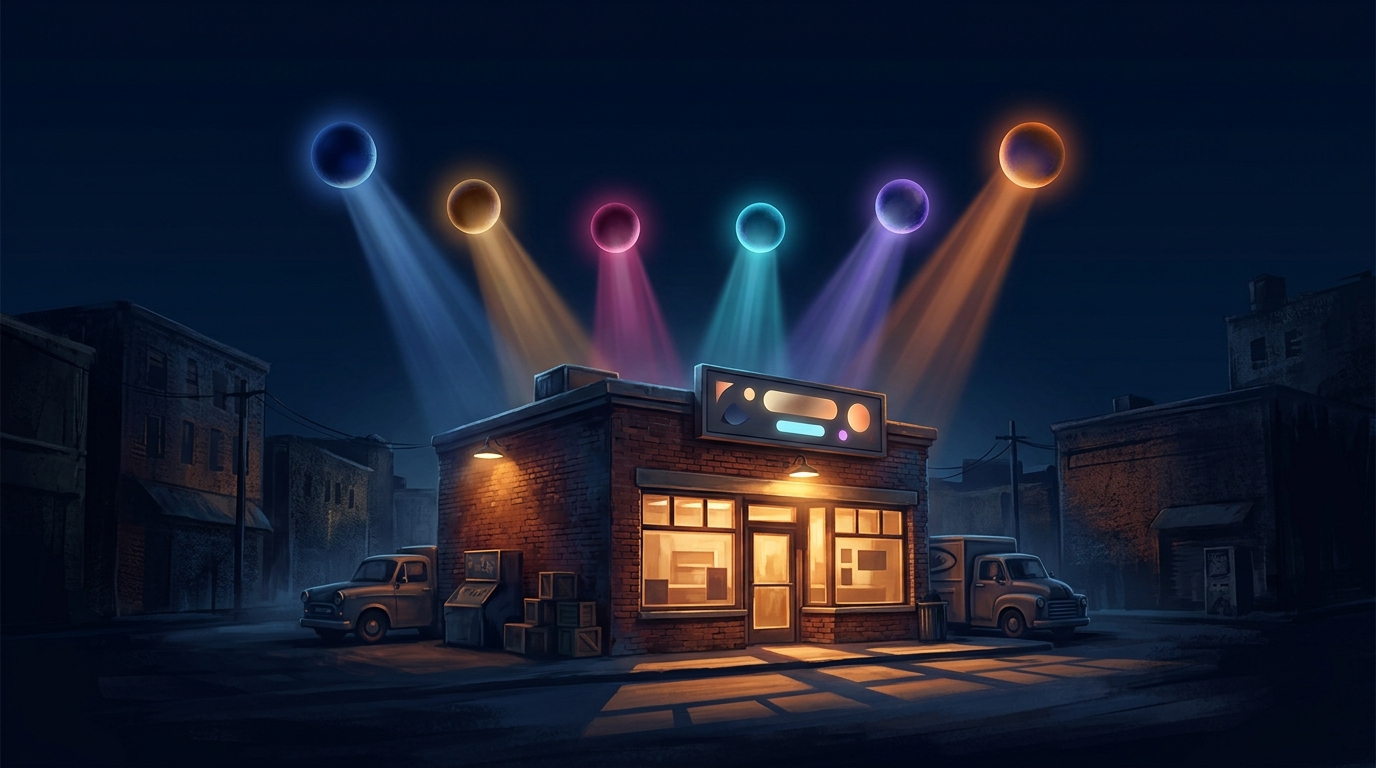 A Denver storefront illuminated by six glowing spheres representing AI engines observing the business.