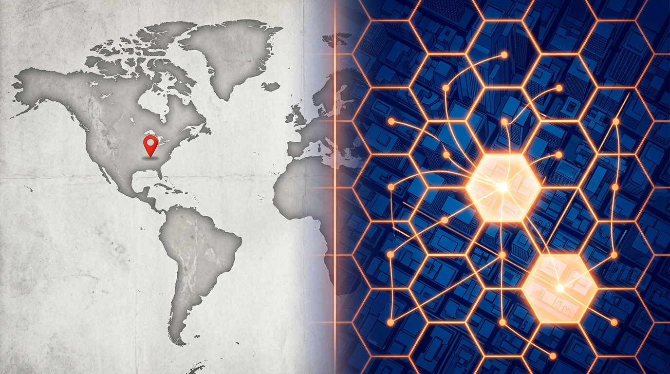 Split-screen showing the old 2015 proximity-wins map model on the left and the new S2-cell spatial-vector model on the right.