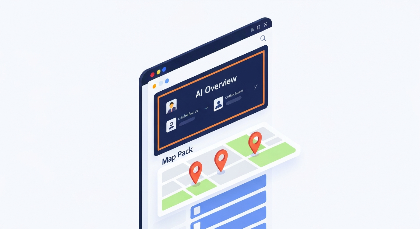 A stylized browser window showing a Google search results page with the AI Overview answer panel at the top citing three numbered source cards, the Map Pack pushed below, and traditional organic blue links pushed further down, illustrating the new search hierarchy.