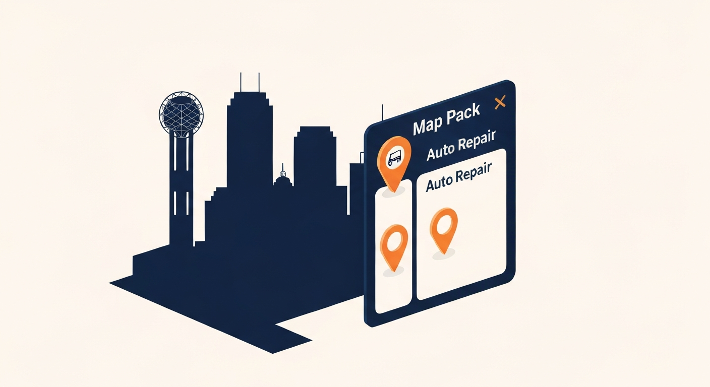 A Map Pack ranking visualization for Auto Repair businesses in Dallas.