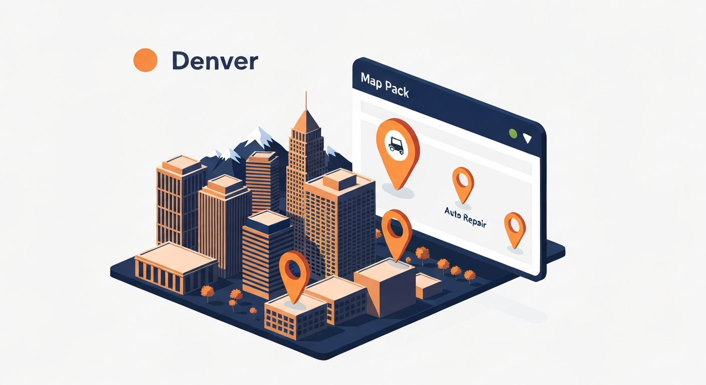 A Map Pack ranking visualization for Auto Repair businesses in Denver.