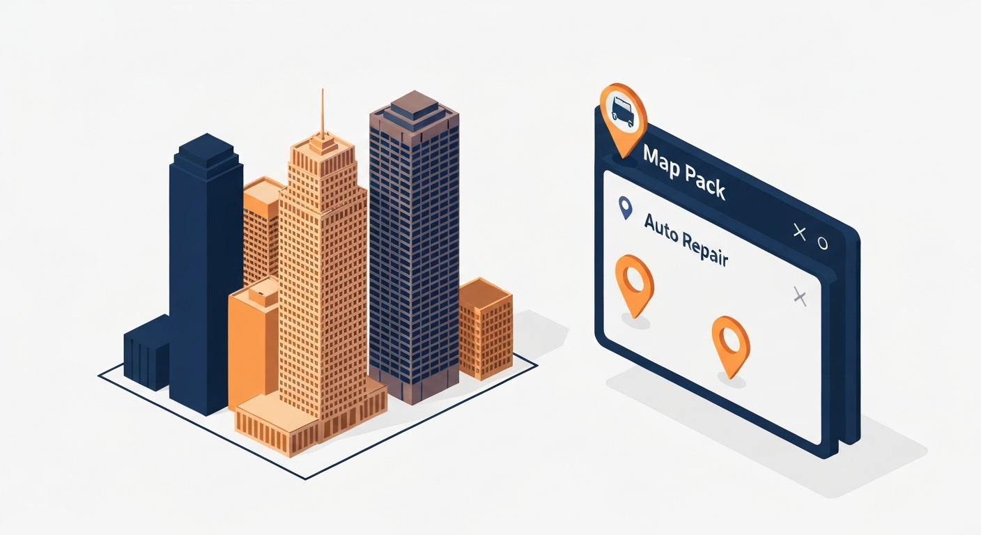 A Map Pack ranking visualization for Auto Repair businesses in Houston.