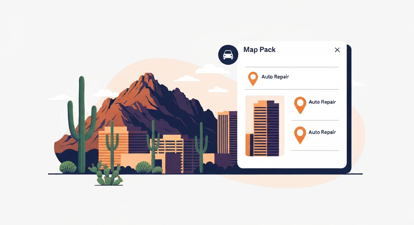 A Map Pack ranking visualization for Auto Repair businesses in Phoenix.