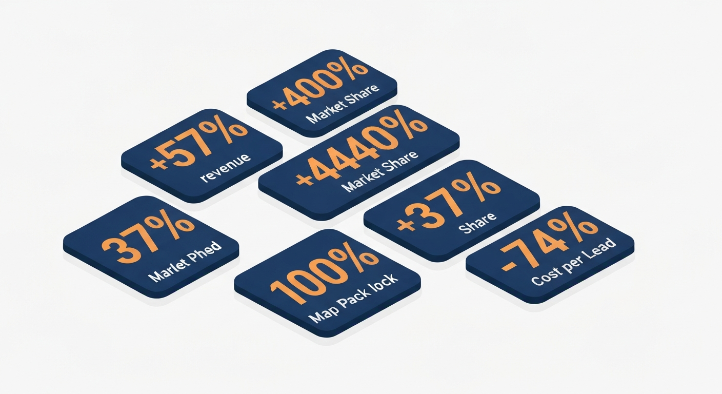 A grid of case study result tiles showing percentage gains: +57%, +400%, +640%, +37%, 100%, -74%.