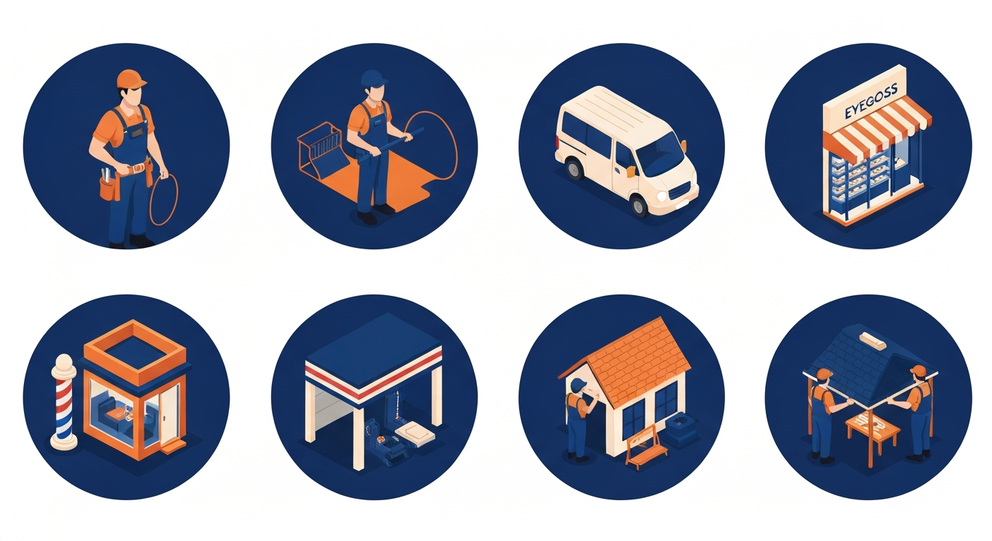 A vertical industry mosaic showing electrician, mobile mechanic, eyeglass store, barbershop, auto repair, roofing icons.