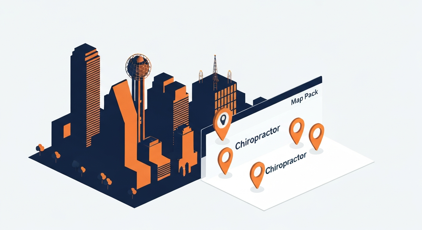 A Map Pack ranking visualization for Chiropractor businesses in Dallas.