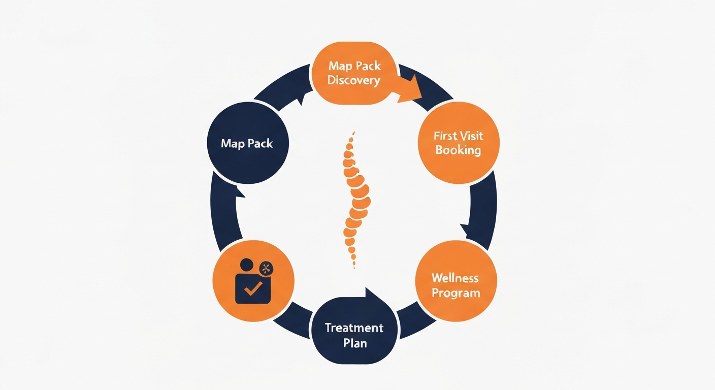 A recurring-visit cycle diagram showing chiropractic patient lifecycle from Map Pack discovery to wellness program enrollment.
