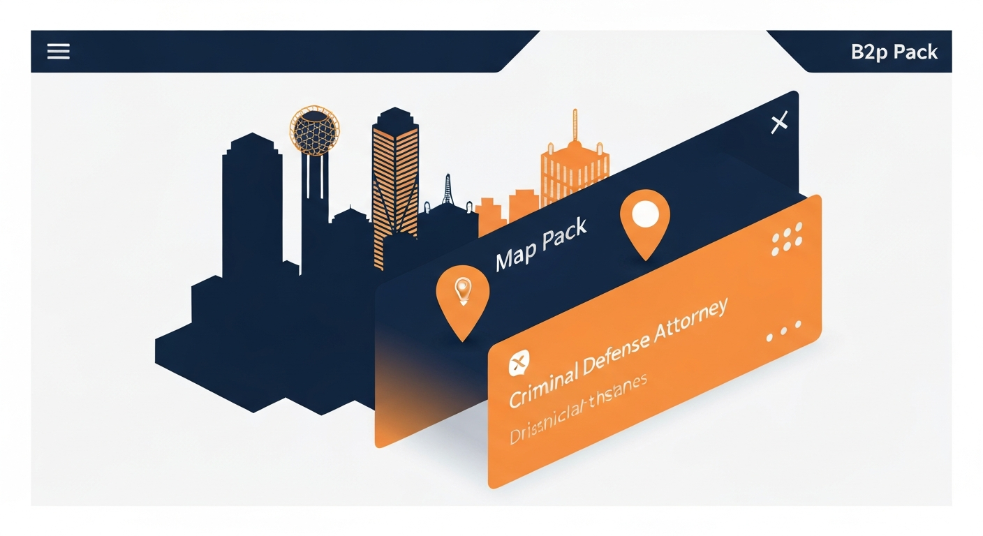 A Map Pack ranking visualization for Criminal Defense Attorney businesses in Dallas.