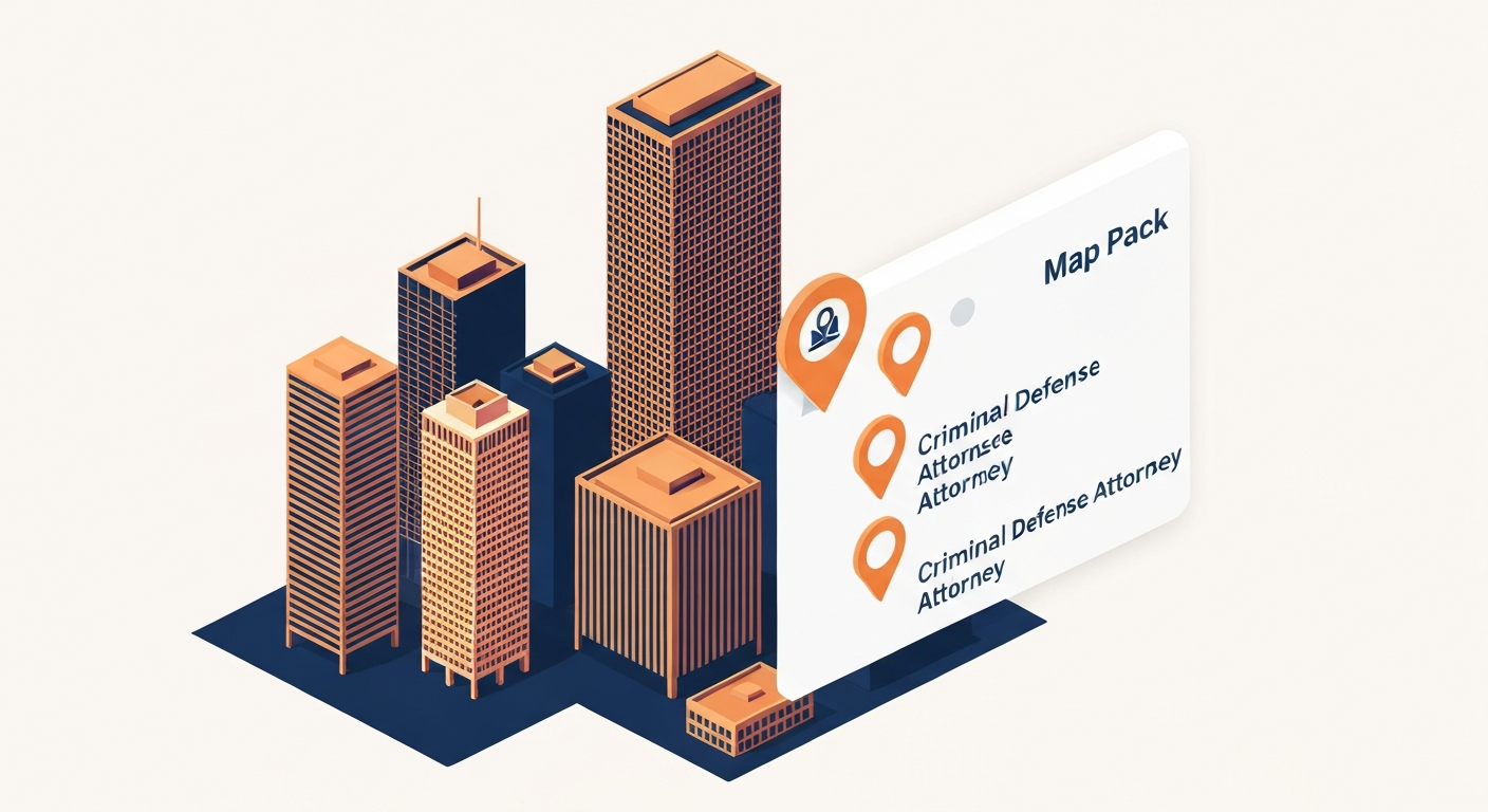 A Map Pack ranking visualization for Criminal Defense Attorney businesses in Houston.