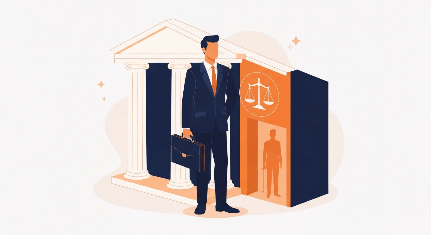 A criminal defense attorney in a courthouse setting with a client, scales of justice and law books visible.