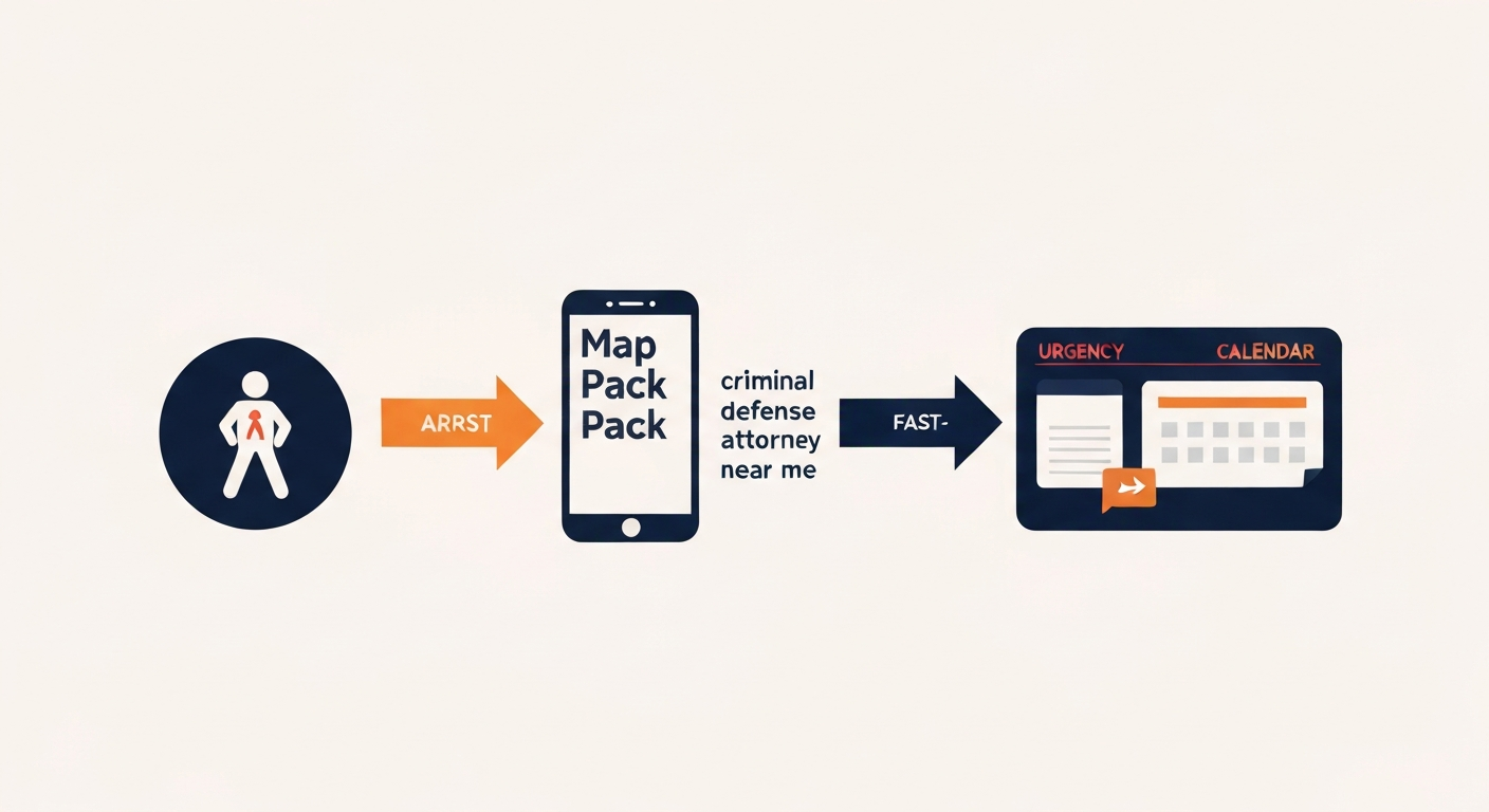 An emergency-response flow diagram showing arrest-to-counsel pipeline driven by Map Pack visibility for criminal defense queries.