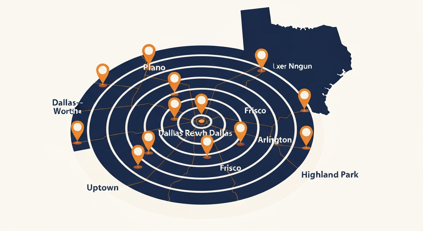 A geographic coverage map of the Dallas-Fort Worth metro showing concentric reach circles centered on Downtown Dallas with Plano, Frisco, Arlington, and Highland Park labeled as service neighborhoods.