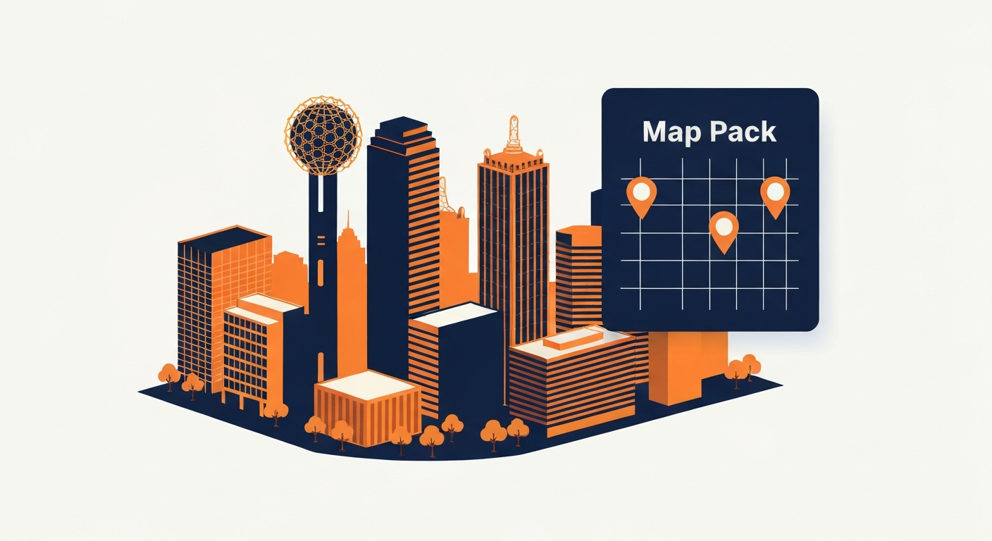 Stylized Dallas skyline with the Reunion Tower silhouette and a Map Pack with three location pins overlaid on a Dallas-Fort Worth metro grid.