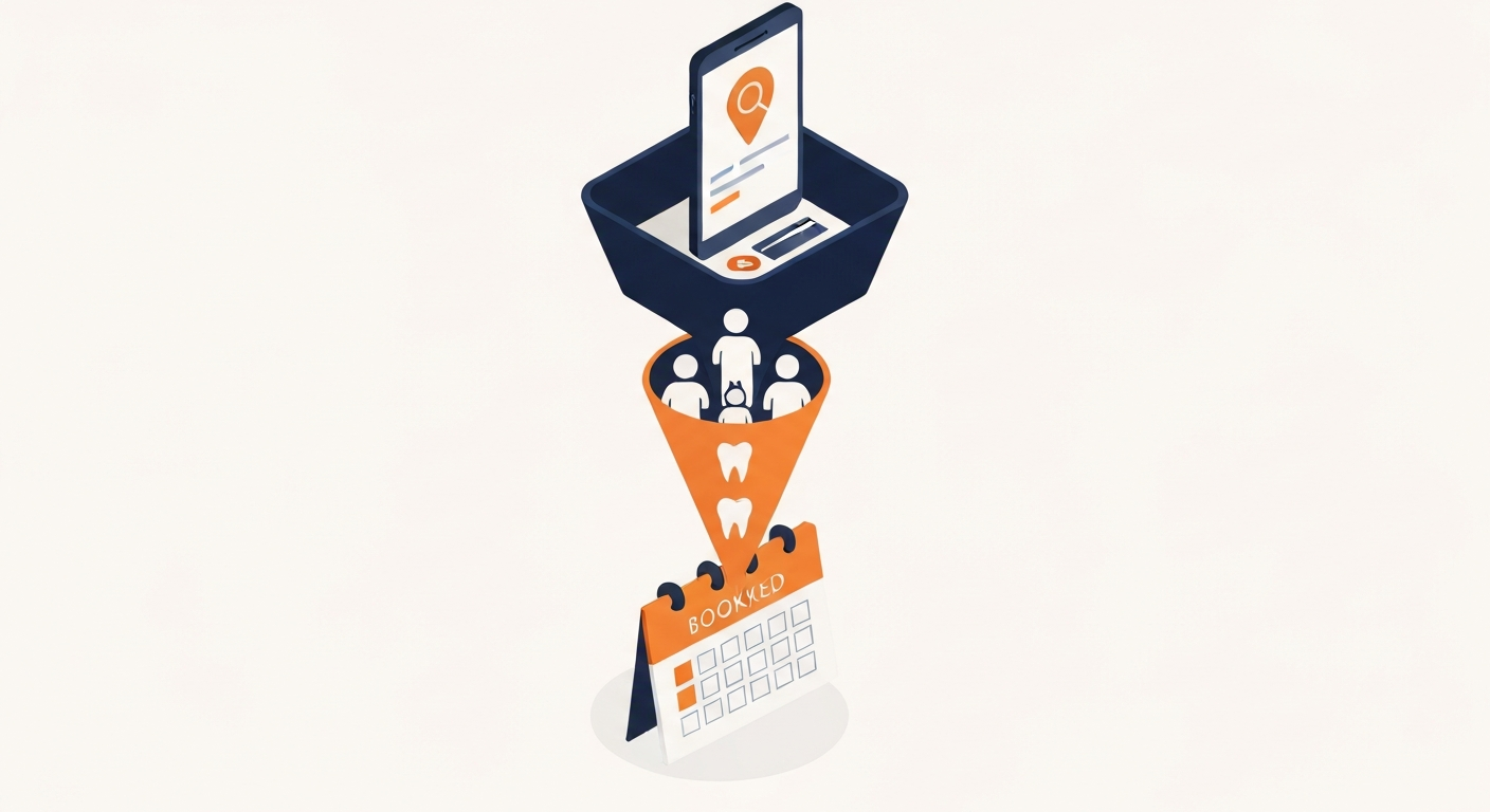 A funnel showing dental patient acquisition from Map Pack search to consultation booking, with insurance and family demographic icons.