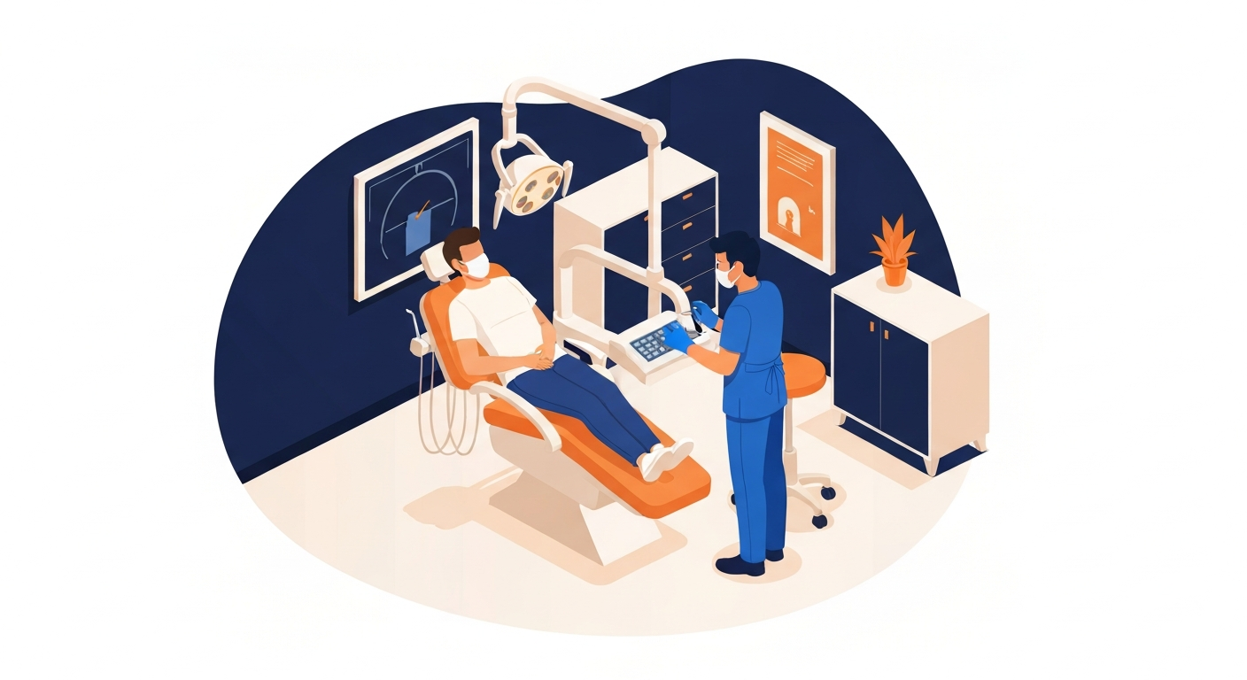 A dentist in scrubs examining a patient in a modern dental practice with dental chair, x-ray imaging, and treatment lights.