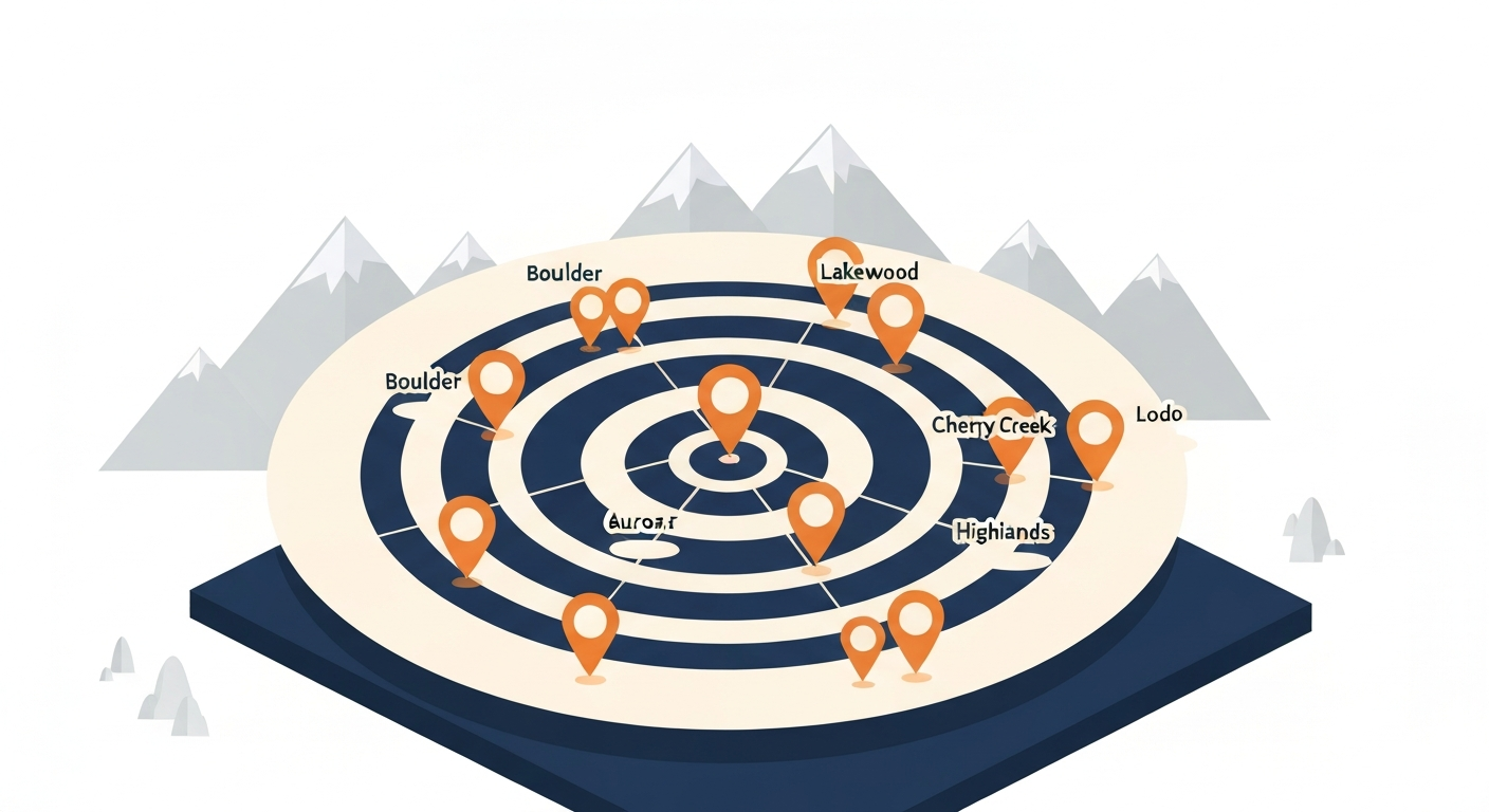 A geographic coverage map of the Denver metro showing reach circles centered on downtown Denver with Boulder, Aurora, Lakewood, Cherry Creek, and Highlands labeled as service neighborhoods.