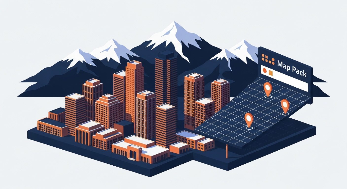 Denver Colorado skyline with Rocky Mountains in the background and a Map Pack panel showing three location pins on a Denver metro grid.