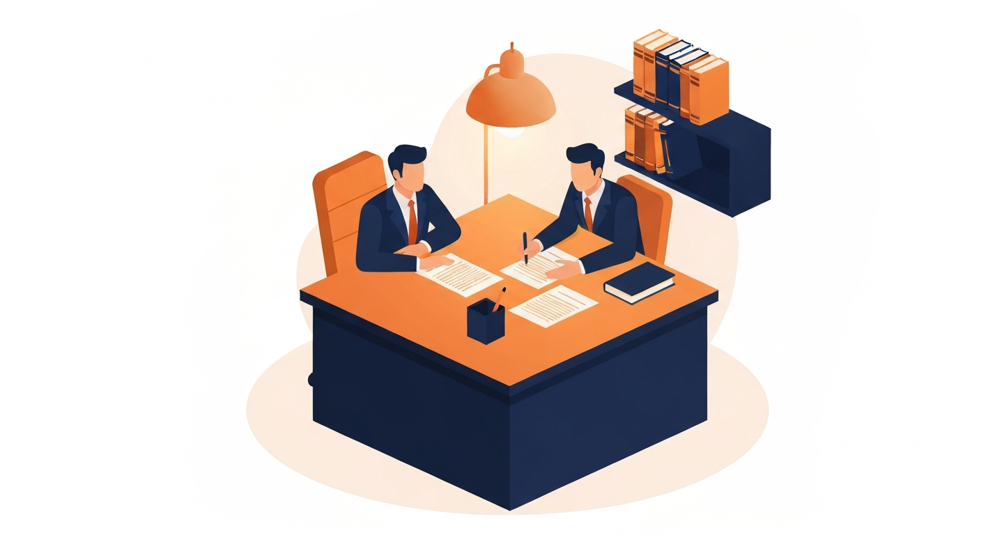 A divorce attorney in a suit consulting with a client in a private law office, paperwork on the desk, professional discreet setting.