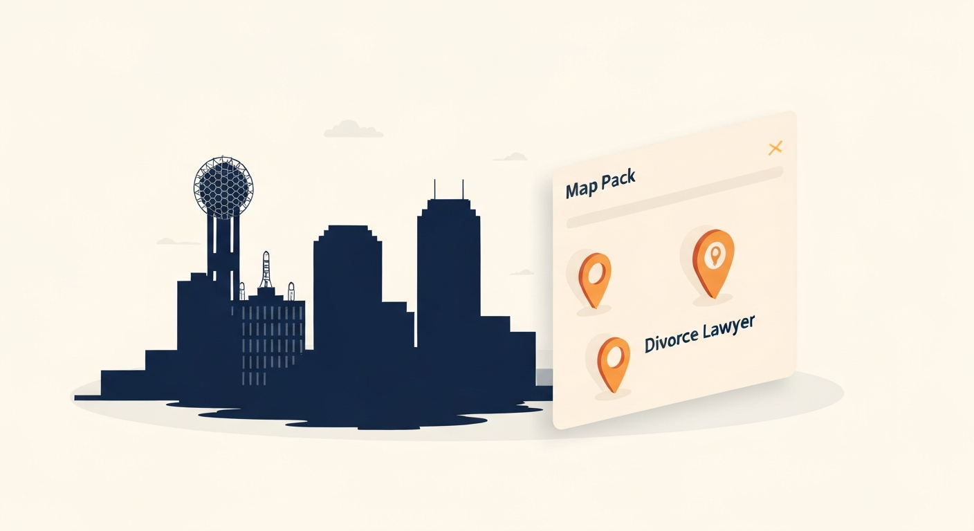 A Map Pack ranking visualization for Divorce Lawyer businesses in Dallas.
