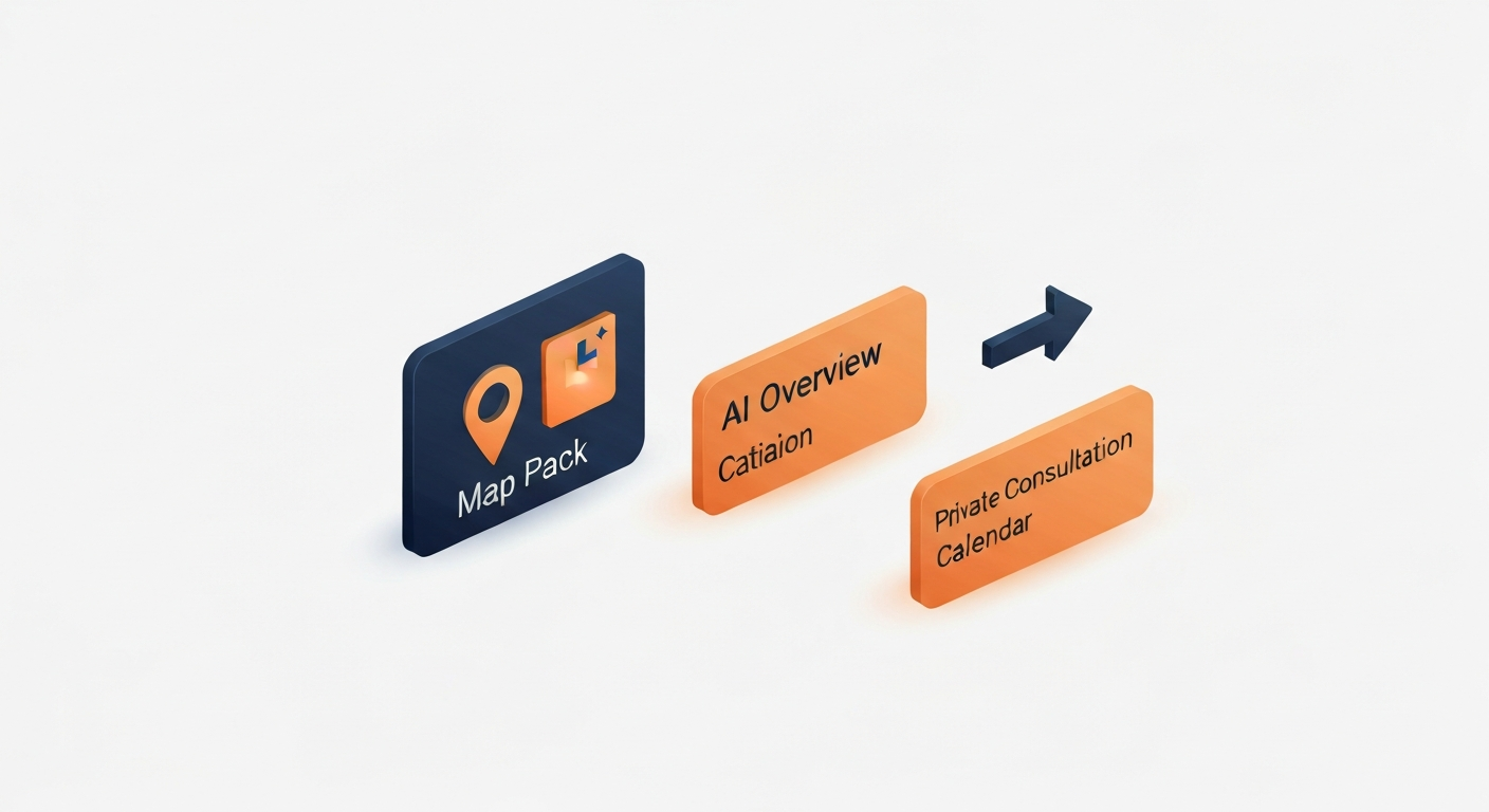 A privacy-focused marketing diagram showing discreet client acquisition through search and AI citation.