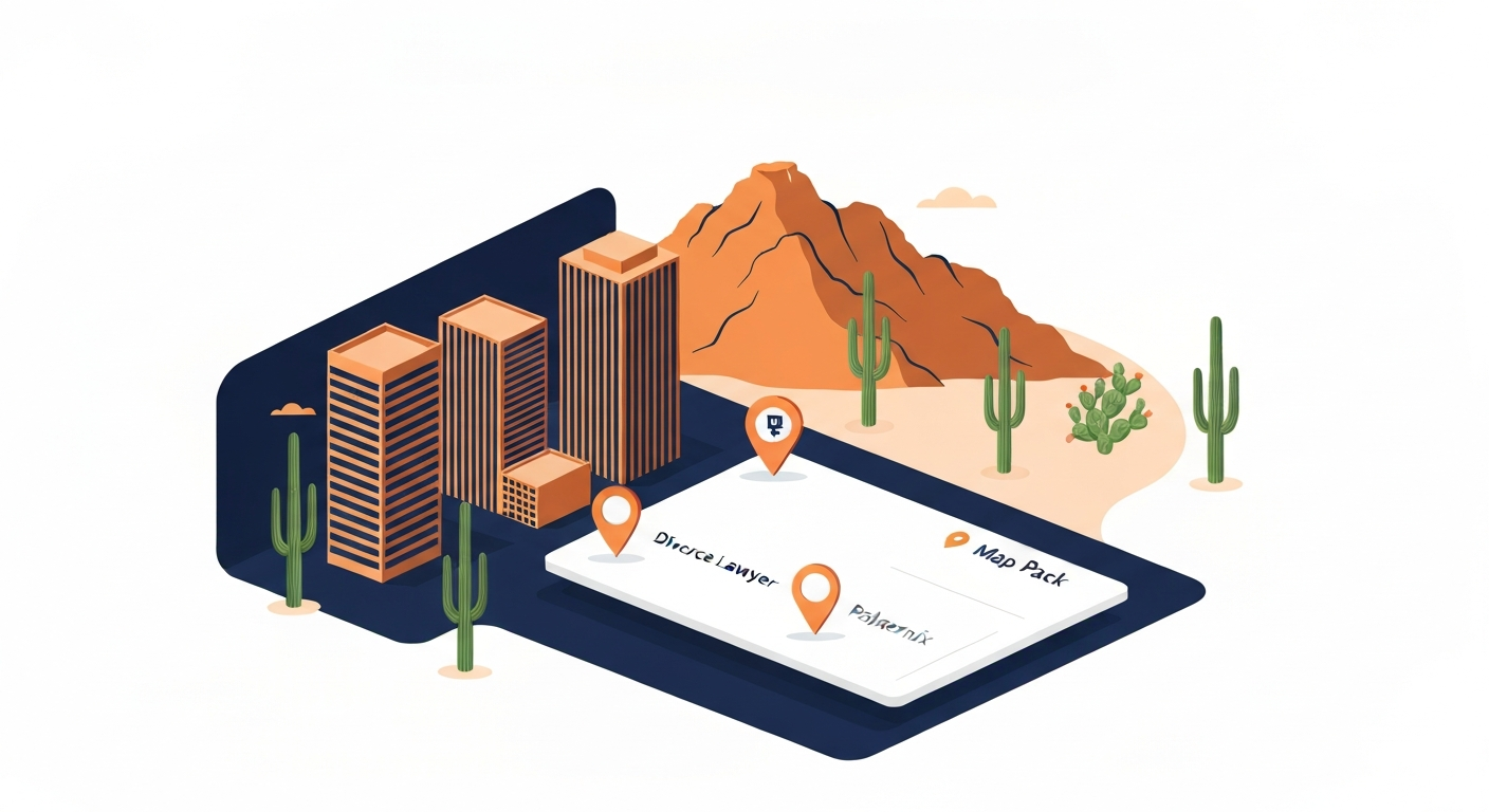 A Map Pack ranking visualization for Divorce Lawyer businesses in Phoenix.