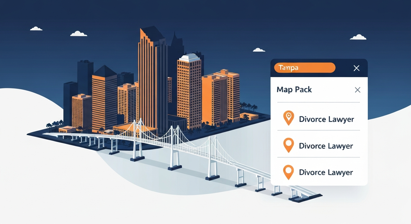 A Map Pack ranking visualization for Divorce Lawyer businesses in Tampa.