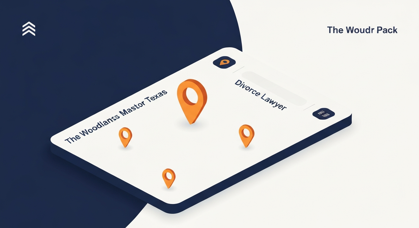 A Map Pack ranking visualization for Divorce Lawyer businesses in The Woodlands.