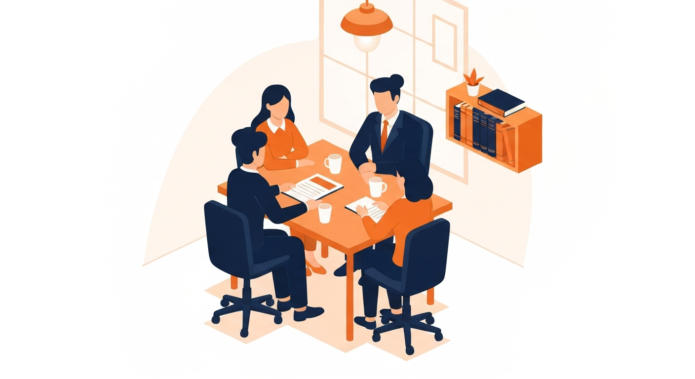A family law attorney working with a family group in a warm office setting, discussing a case with empathy.