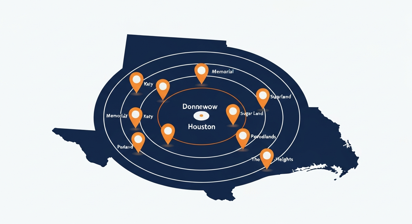 A geographic coverage map of the Greater Houston metro showing reach circles centered on downtown Houston with Katy, Memorial, Sugar Land, Pearland, and The Woodlands labeled as service neighborhoods.