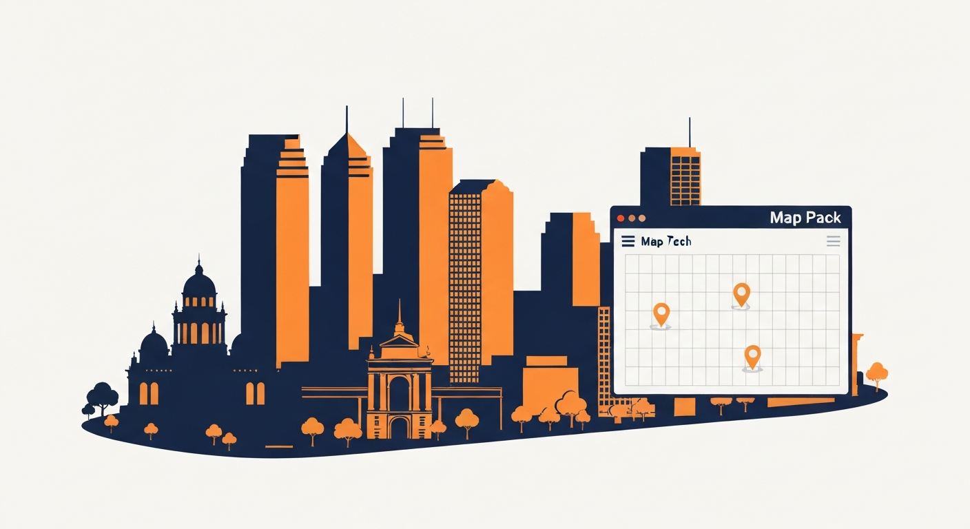 Houston Texas downtown skyline including the JPMorgan Chase Tower silhouette with a Map Pack panel showing three location pins overlaid on a Houston metro grid.
