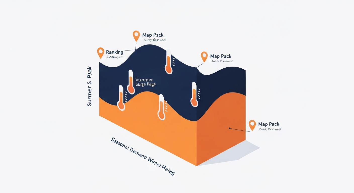 A demand-curve diagram showing summer heat surge and winter heating spikes driving HVAC service calls into Map Pack ranking.